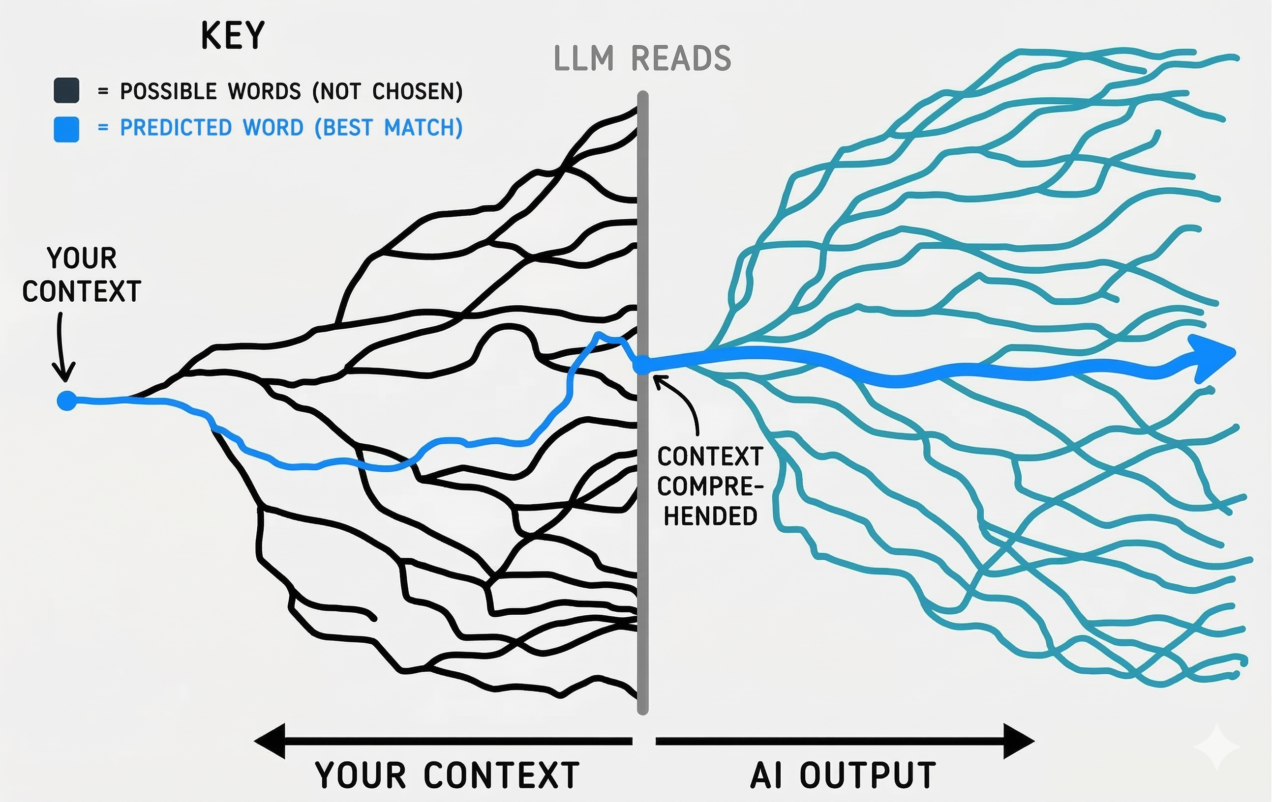 Diagram showing how AI reads your context and predicts the most likely next word from many possibilities
