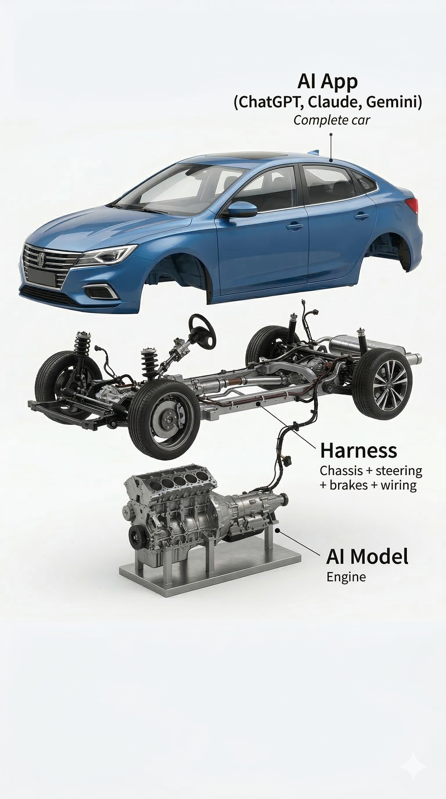 Exploded view showing AI Model as engine at bottom, Harness as chassis in middle, and complete AI App as car body on top